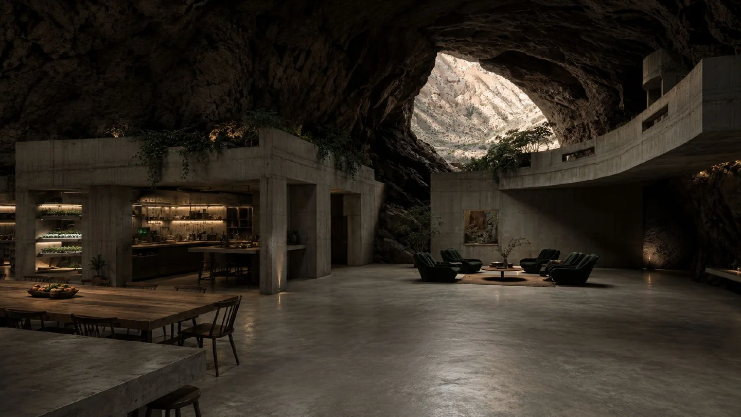 Cave sanctuary residence opening toward a mountain canyon